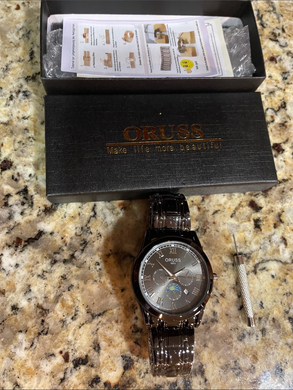 Oruss Men's Black Stainless Steel Multi-Function Watch